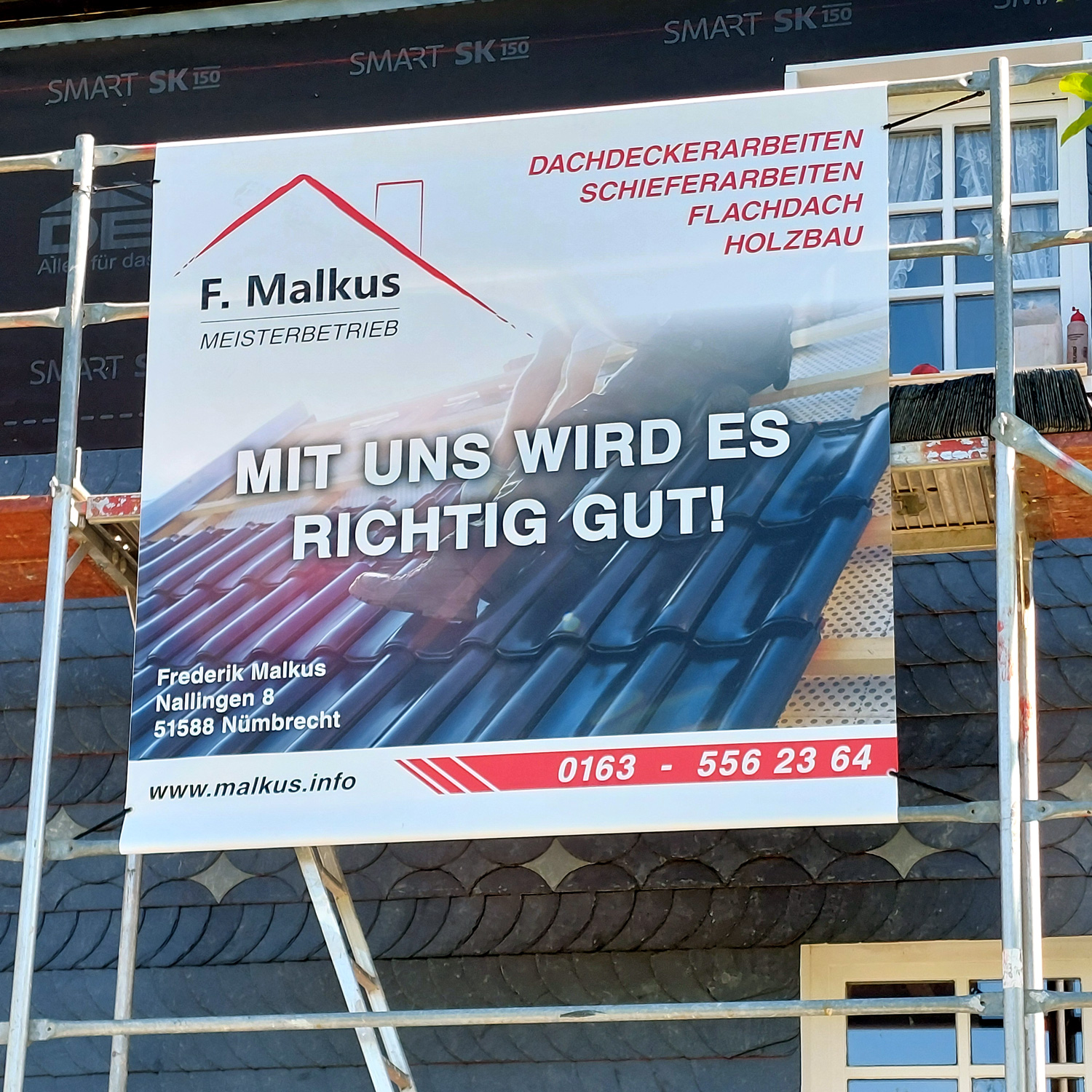 Gerüstbanner der Werbeagentur Frank Henning | Form & Gestaltung in Nümbrecht, NRW, für Gummersbach, Wiehl, Sankt Augustin, Siegburg, Troisdorf, Hennef, Waldbröl