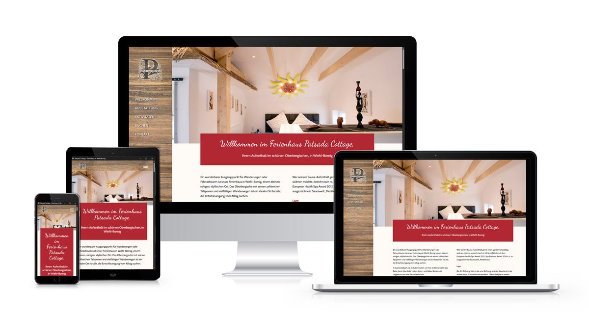 Ferienhaus Patsada Cottage responsives Webdesign Responsives Webdesign für Ferienhaus Patsada Cottage des Webdesigners Frank Henning | Form & Gestaltung in Nümbrecht, NRW, für Gummersbach, Olpe, Köln, Wiehl, Sankt Augustin, Siegburg, Troisdorf, Hennef, Waldbröl, Morsbach und Marienheide