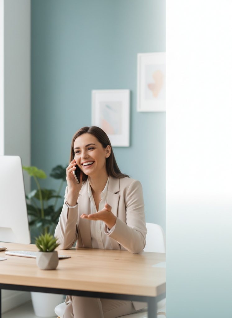 Sekretärin der Werbeagentur im Telefonat mit einem Kunden.