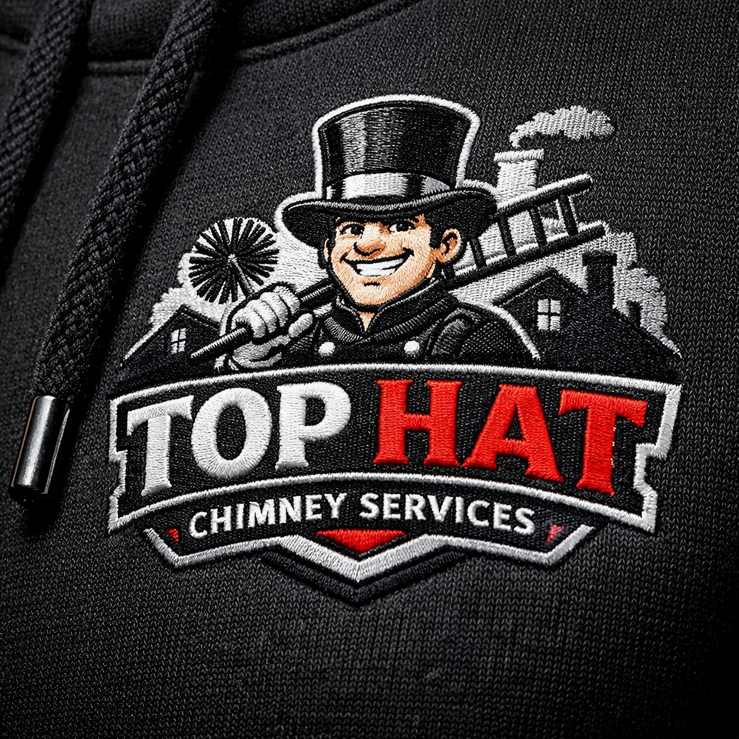 Logo für Schornsteinservice mit Zylinder bestickt auf Kapuzenpullover