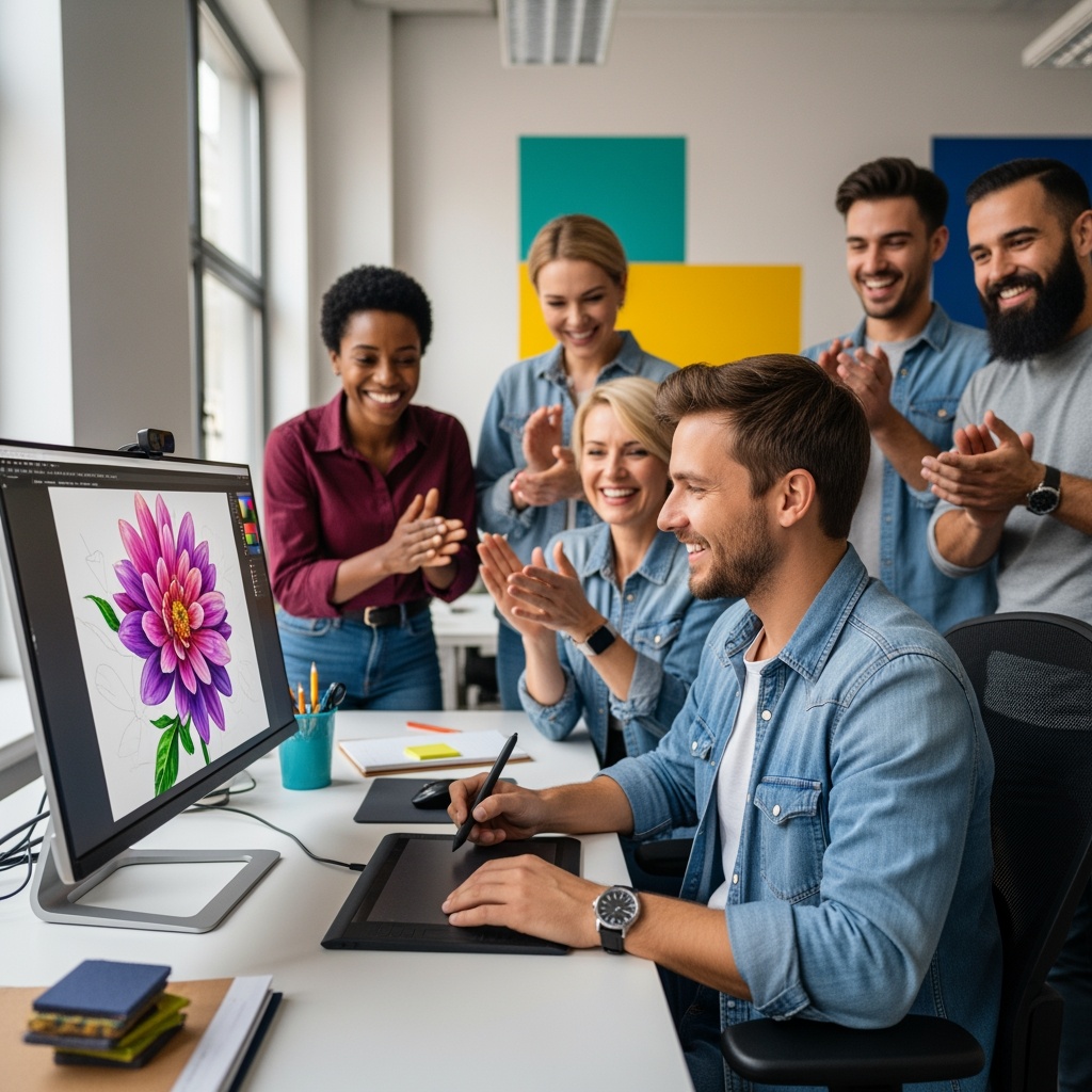 Illustrator zeichnet eine Blume am Bildschirm